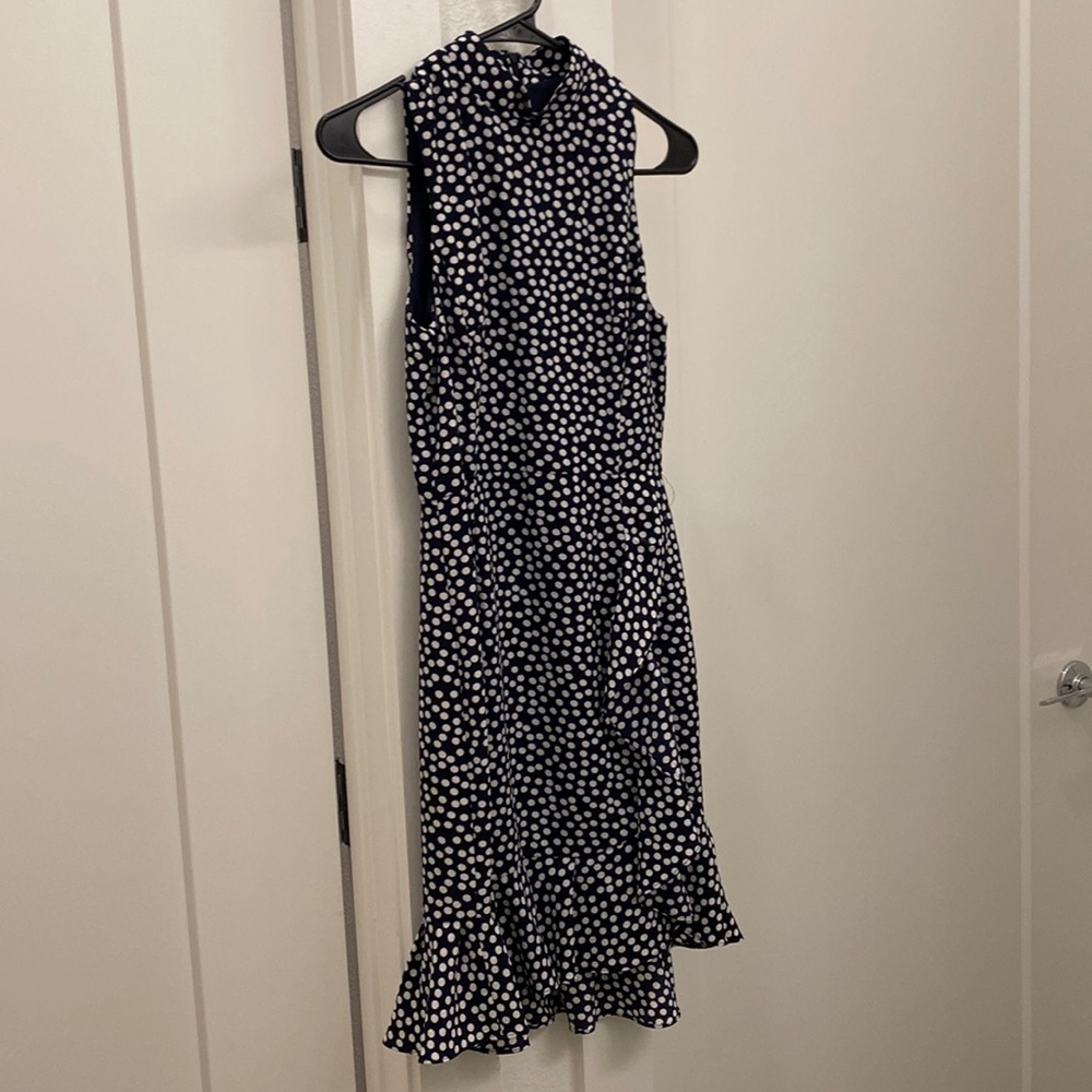 Betsy Johnson polka dot high neck dress. Ruffle on side and bottom